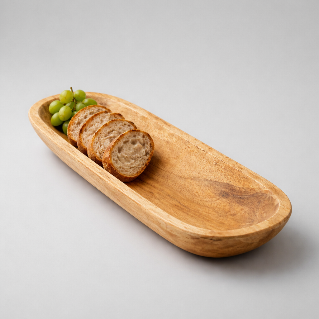 Solid Wood Serving Tray – Rustic Long Bread & Fruit Display Bowl